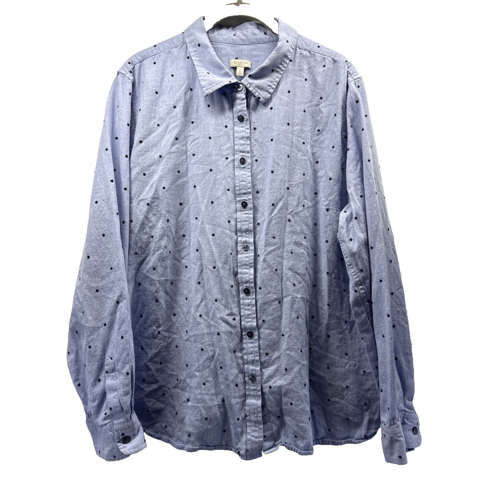 Talbots Women's Top Size XL Blue Embroidered Stars Button Up Long Sleeves Cotton